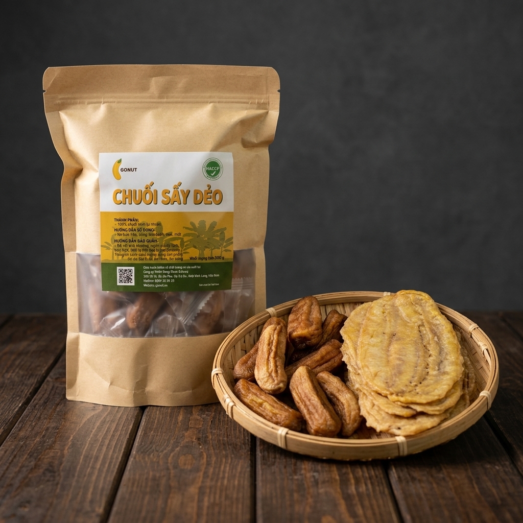 Gonut brand pressed Siamese bananas, 1 banana per zip bag.